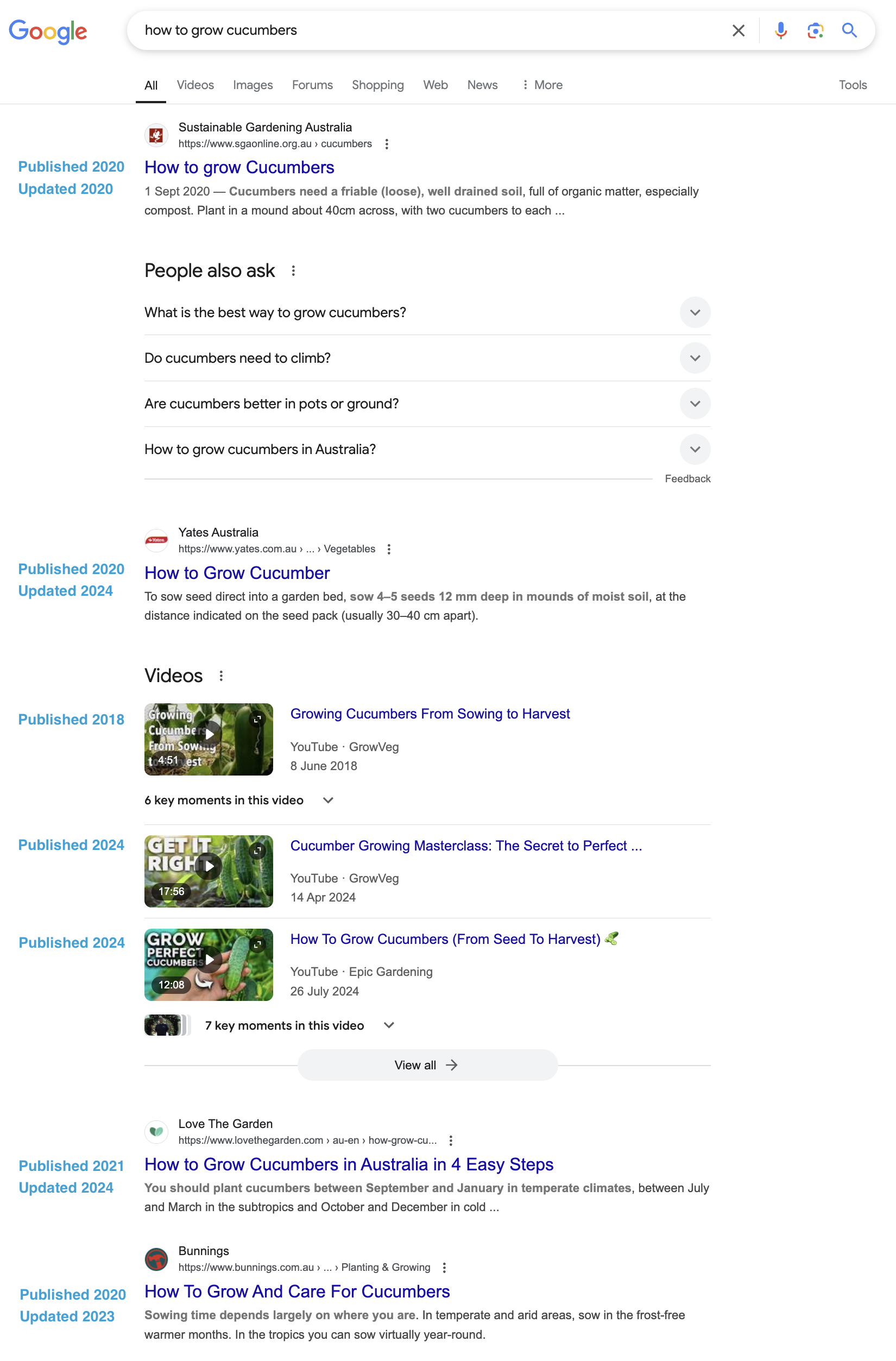 Google SERP for query how to grow cucumbers