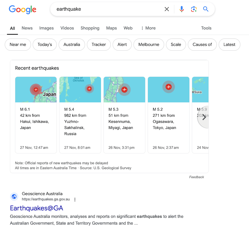 Google SERP for query earthquake